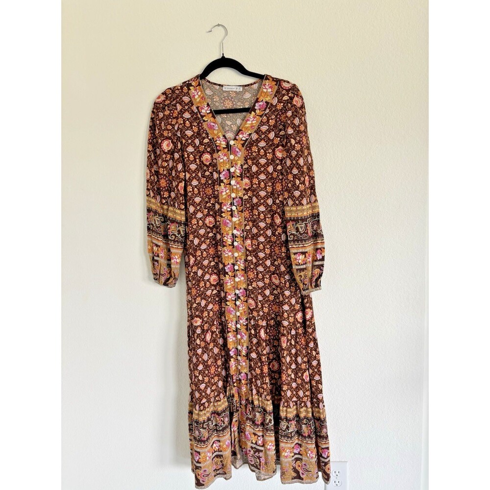 R.Vivimos Brown Floral Paisley Button Up Maxi Dress XL 16/18 70s Boho Folk
